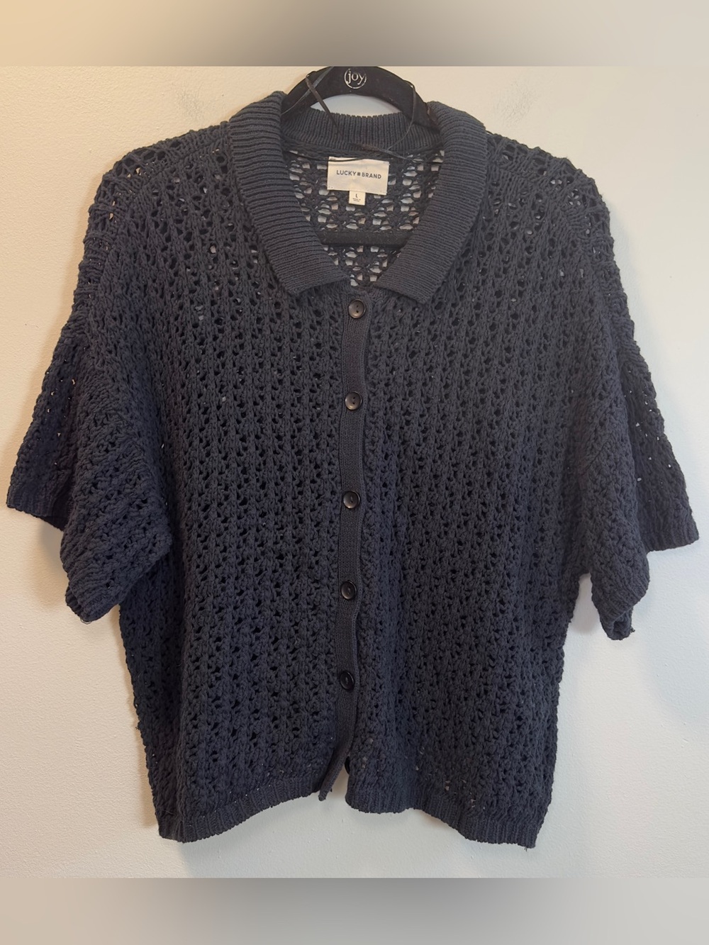 Lucky Brand Women’s Navy Crochet Knit Button-Front Short Sleeve Cardigan Sz L